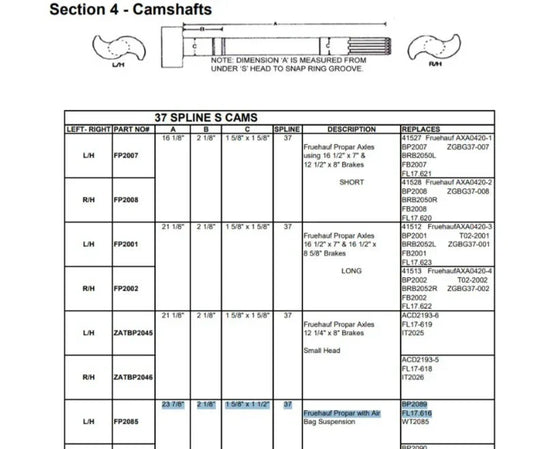 Watts FP2085 Camshaft BP2089 (FL17.616) Fruehauf Propar with Air Bag Suspension