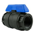 Black plastic ball valve with blue handle, 1-1/4 inch, for plumbing and industrial use
