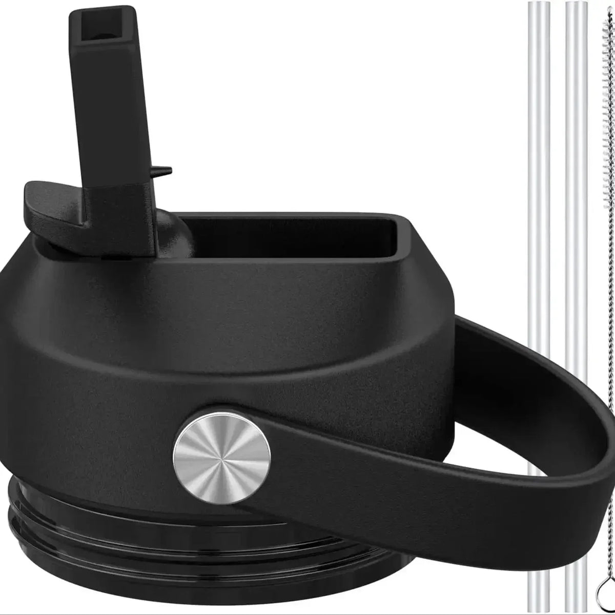 Black water bottle lid with straw, metal straws, and cleaning brush for reusable hydration