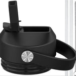 Black water bottle lid with straw, metal straws, and cleaning brush for reusable hydration