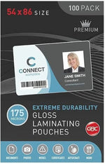 100-pack 54x86mm premium gloss laminating pouches, 175 microns, for ID cards, documents, photos, certificates