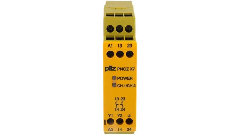 Pilz PNOZ X7 safety relay with terminal connections for industrial machinery control