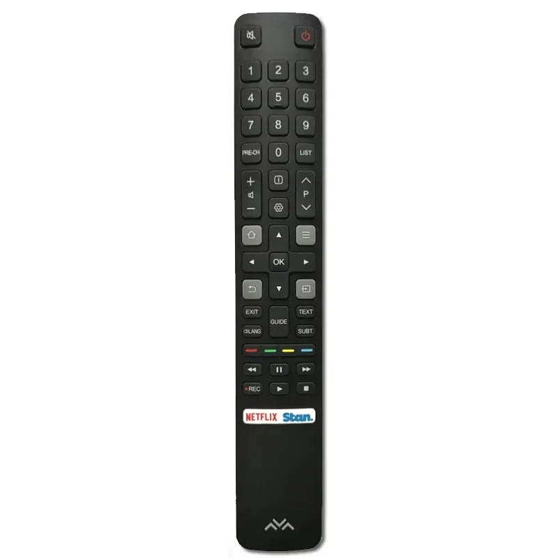 Black universal TV remote with Netflix and Stan buttons, media controls, and numeric keypad