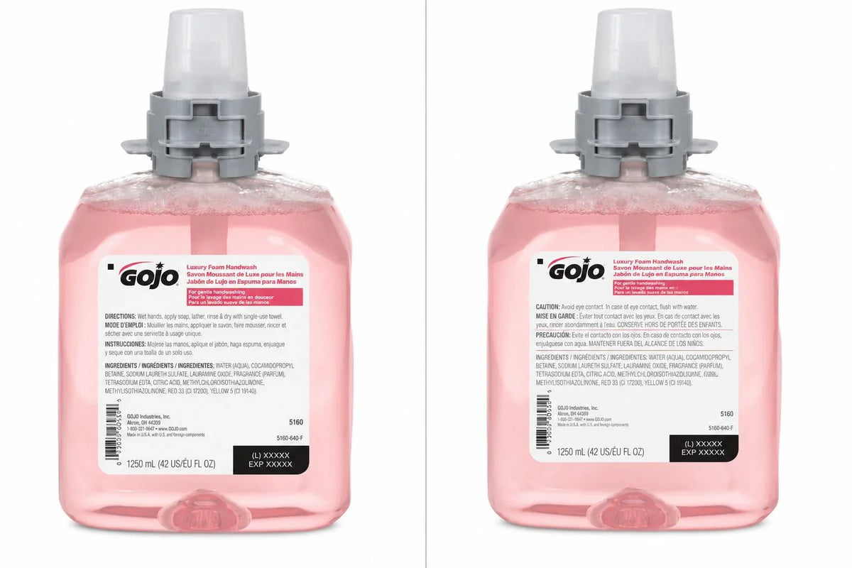 GOJO Luxury Foam Handwash dispenser with pink soap, 1250 mL refill for gentle handwashing