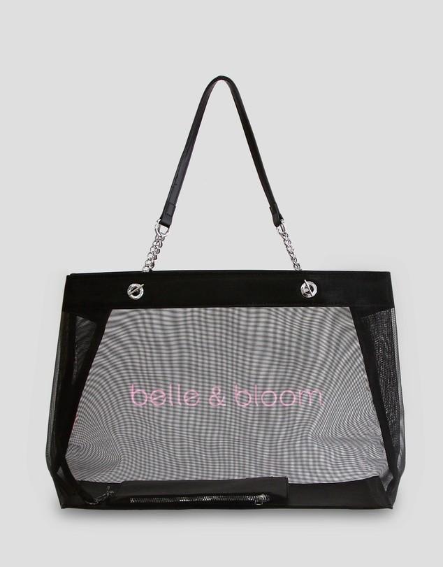 Black mesh tote bag with chain strap and 'belle & bloom' print, stylish carryall for everyday use