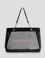 Black mesh tote bag with chain strap and 'belle & bloom' print, stylish carryall for everyday use