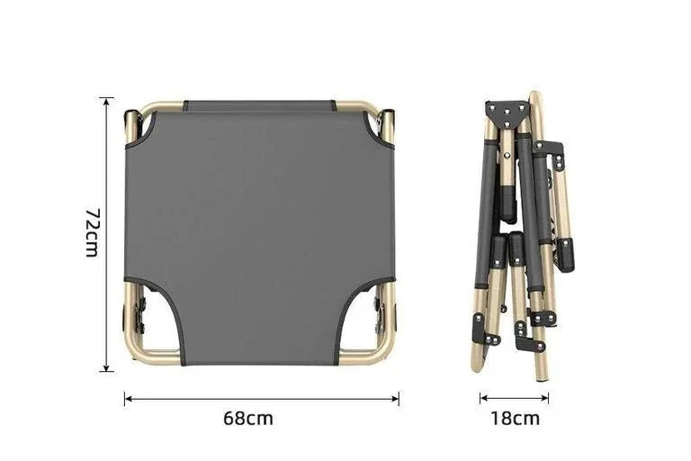 Compact foldable camping chair with 72cm height, 68cm width, 18cm folded size, ideal for outdoor use