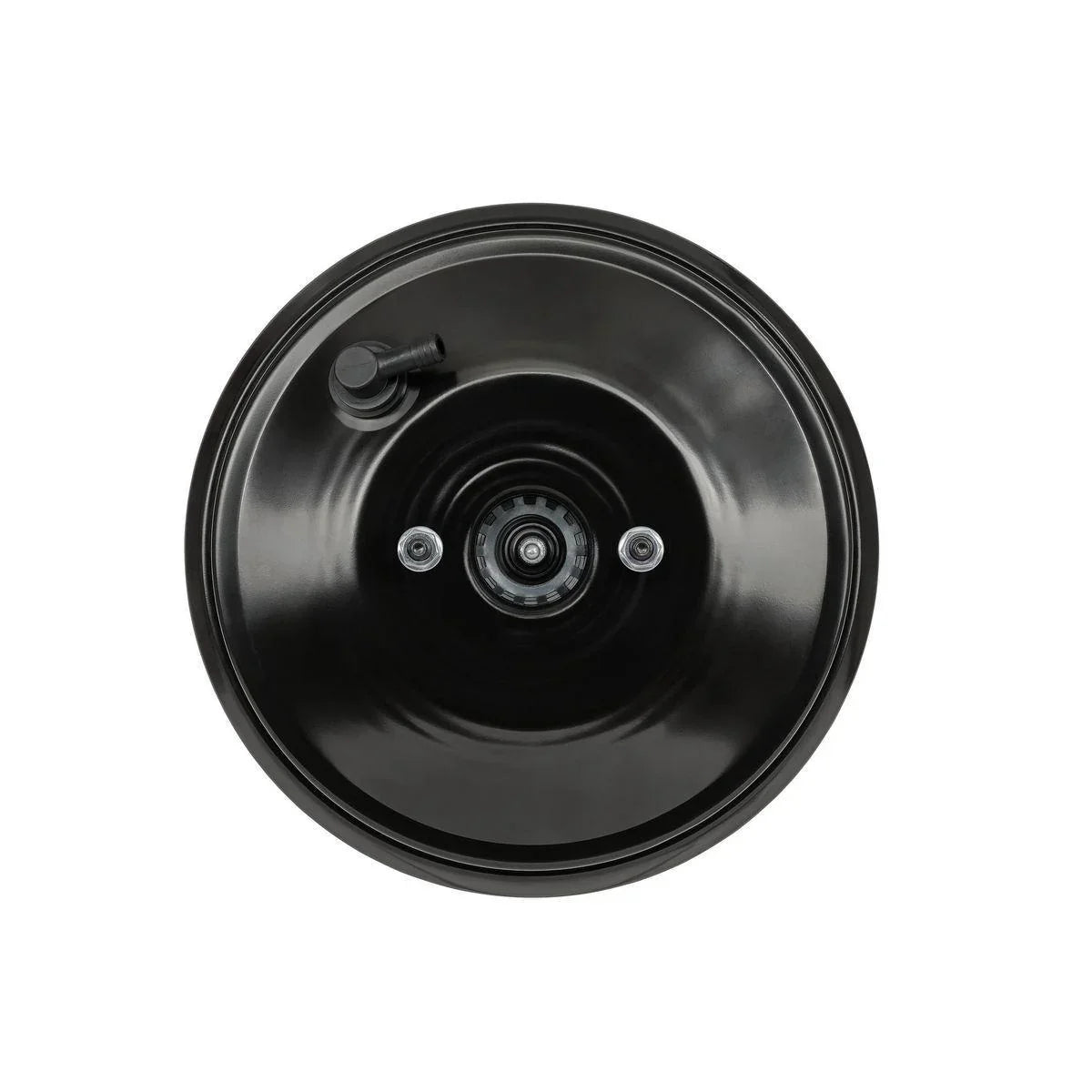 Black tractor brake drum with central hub and mounting bolts, heavy-duty farm equipment part