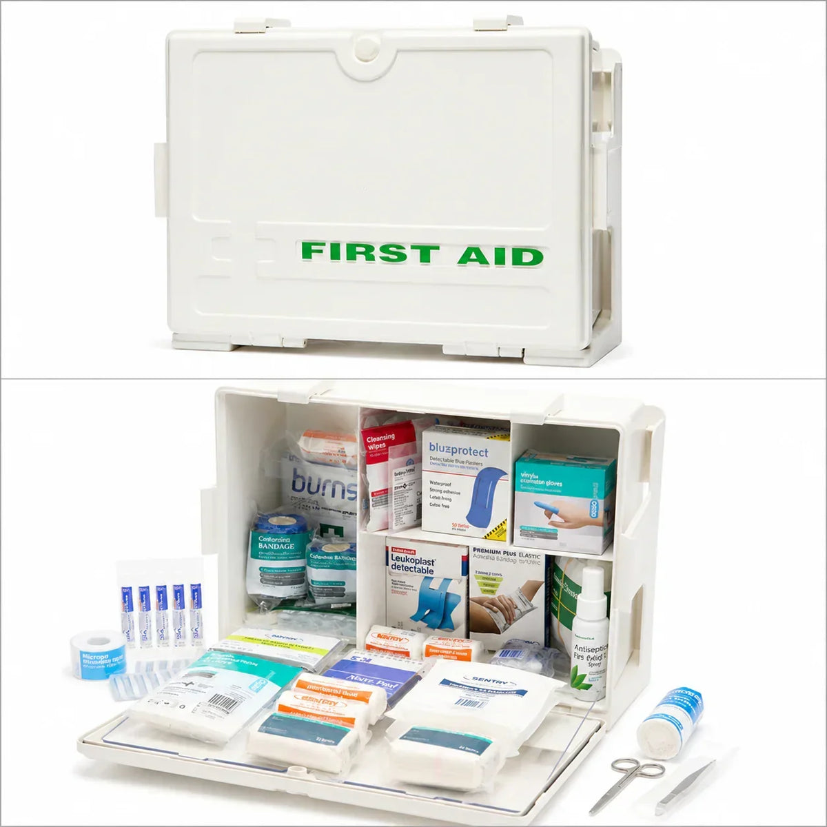 White first aid kit with organized medical supplies, bandages, gloves, and antiseptic spray for workplace safety