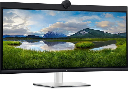 Dell monitor with webcam, displaying mountain lake landscape, ideal for office or remote work setups.