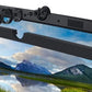 Black soundbar with mounting brackets for monitor, displaying mountain landscape