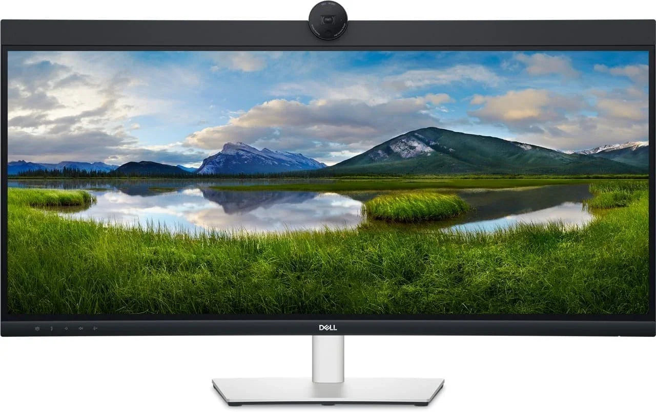 Dell ultrawide monitor with webcam, displaying mountain lake landscape, ideal for office workspaces