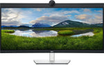 Dell ultrawide monitor with webcam, displaying mountain lake landscape, ideal for office workspaces
