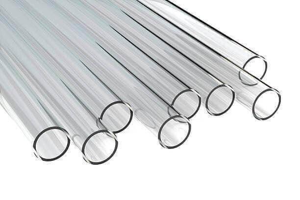 Clear acrylic plastic tubes, round hard pipe, 43mm diameter, shown on white background