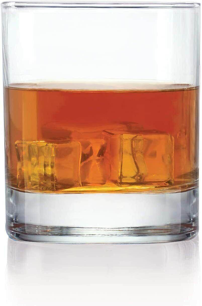 Clear recycled glass tumbler with amber liquid and ice cubes, 300ml capacity