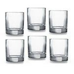 Set of six clear recycled glass whiskey tumblers, 300ml each, arranged on white background