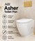 ABI Asher white toilet pan with features and warranty details on a marble wall background