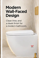 ABI Asher white wall-faced toilet pan with a modern sleek design in a bathroom setting.