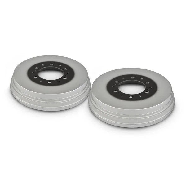 Pair of silver metallic engine pulleys for tractor or truck parts.