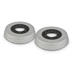 Pair of silver metallic engine pulleys for tractor or truck parts.