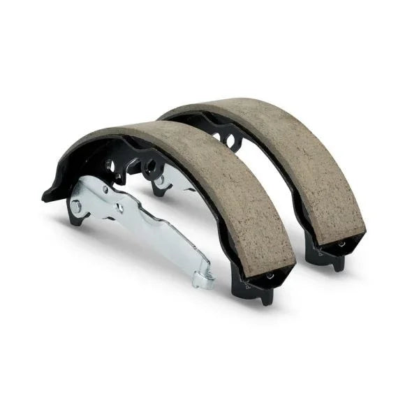 Pair of heavy-duty brake shoes for international truck parts and tractor systems.