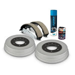 Vehicle brake kit featuring two disc rotors, brake shoes, cleaner spray, and brake lubricant.