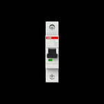1-pole miniature circuit breaker with black switch and green indicator, front view