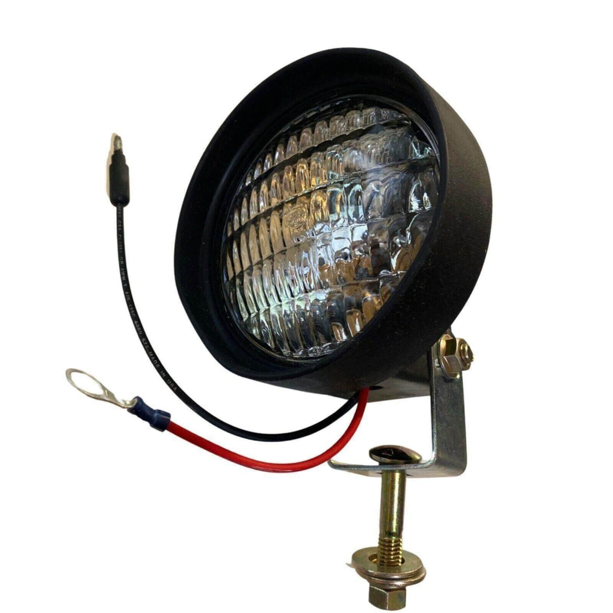 Round tractor headlamp with mounting bracket and attached wiring, suitable for combine or agricultural vehicles