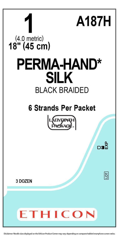 Ethicon PERMA-HAND Silk A187H Suture 1 / 45 CM Black Braided BOX 36 ,EX 8/2026