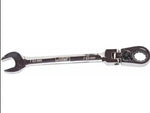 16mm metric combination spanner with ratchet ring and open end, flexible head, chrome finish