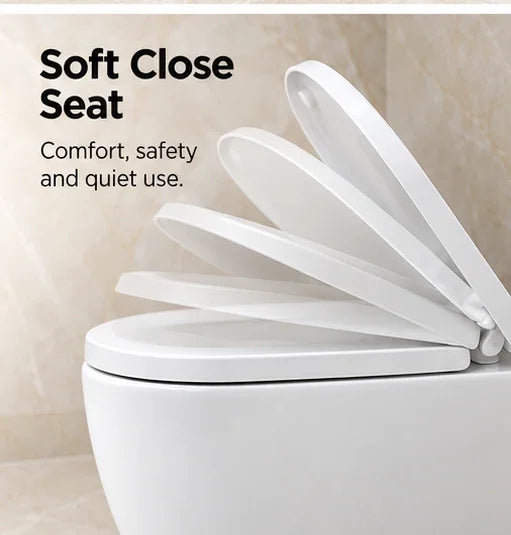 ABI Asher white toilet pan featuring a soft close seat in motion for quiet use.