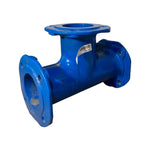 Blue ductile iron flange tee pipe fitting with three flanged ends, 100mm size.