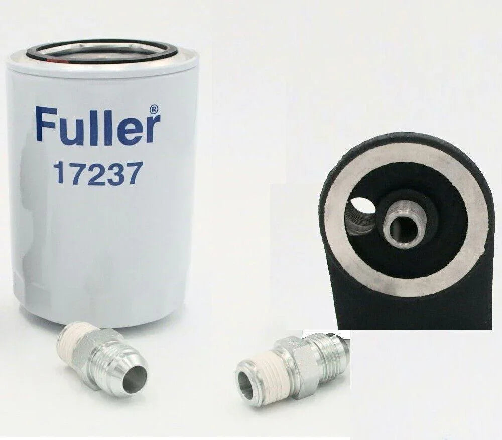 Transmission oil filter kit with filter canister labeled Fuller 17237 and two metal fittings