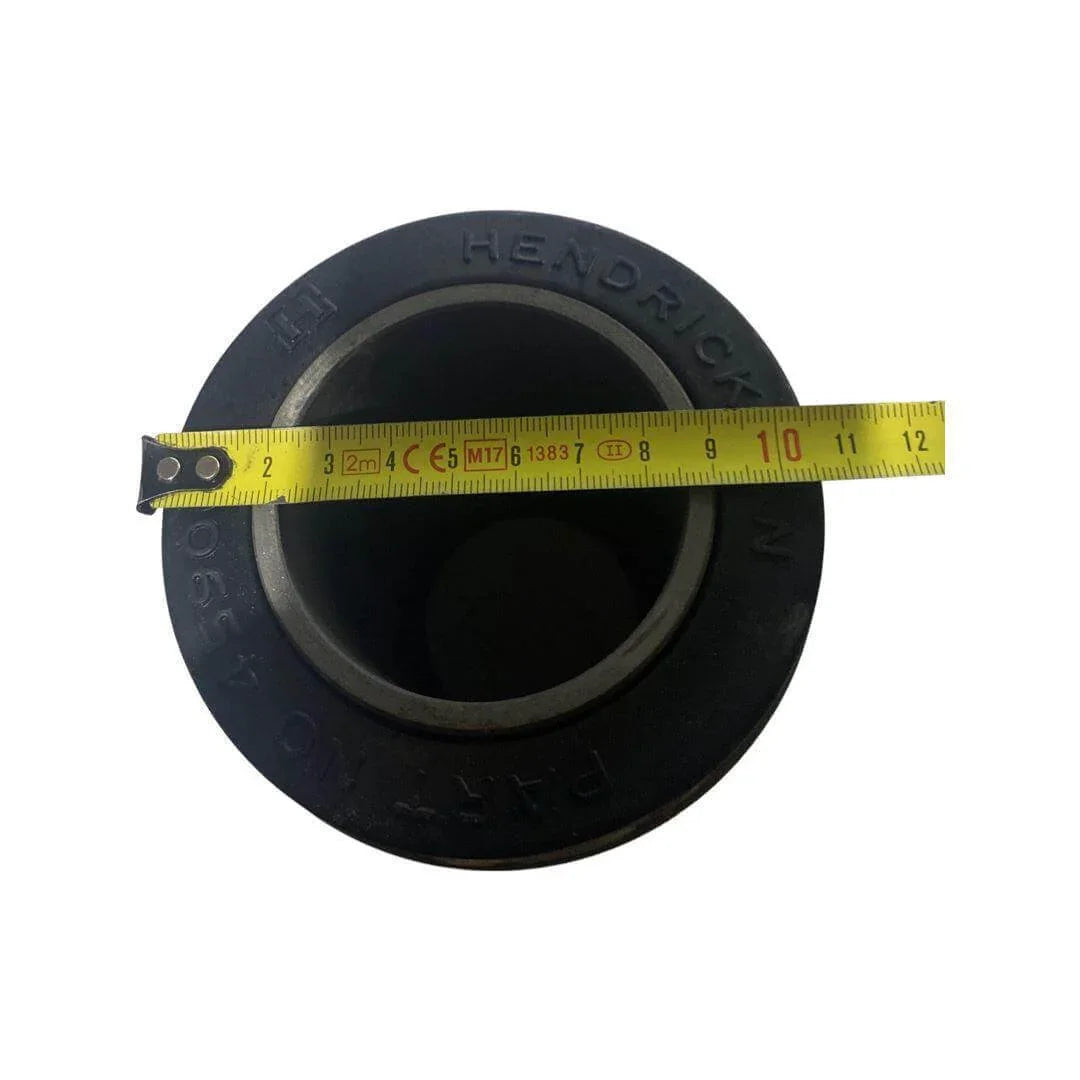 Black bush beam end for truck, marked with part number, measured by yellow tape measure