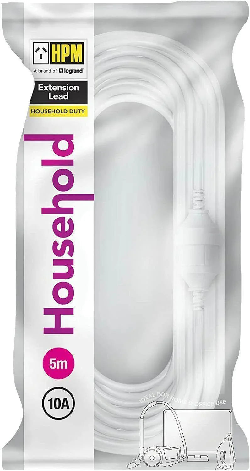 5m white extension lead, 10A household duty, packaged for home and office electrical use