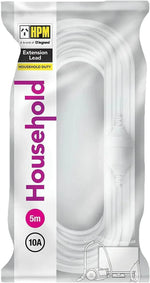 5m white extension lead, 10A household duty, packaged for home and office electrical use