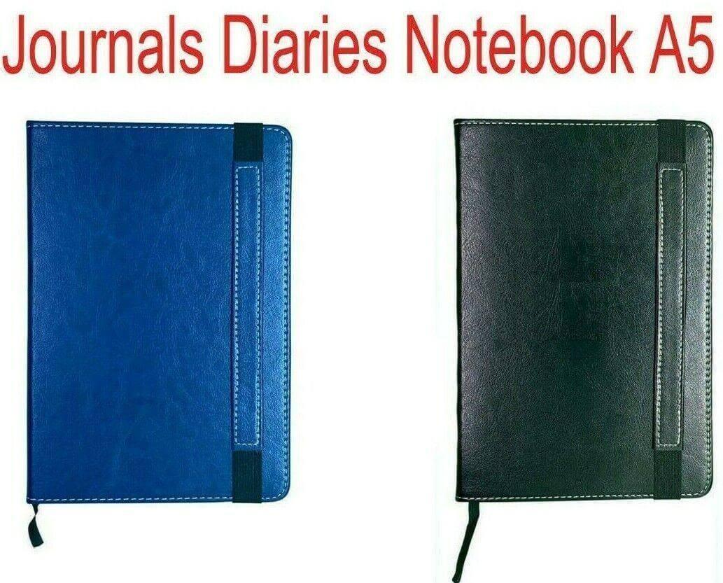 A5 diaries with blue and black leather covers, 160 pages, notebook journal design.