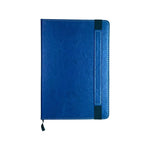 A5 journal notebook with blue faux leather cover, elastic band, and stitched edges.