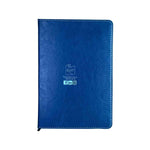 A5 navy blue leather cover notebook with stitched edges and printed contact details on front