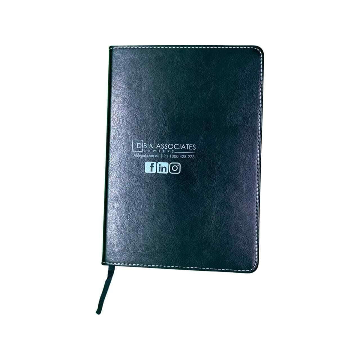 Black A5 leather notebook with white stitching, embossed business logo and social media icons on cover