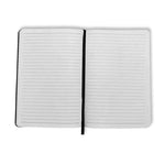 Open A5 lined notebook with white pages and black ribbon bookmark