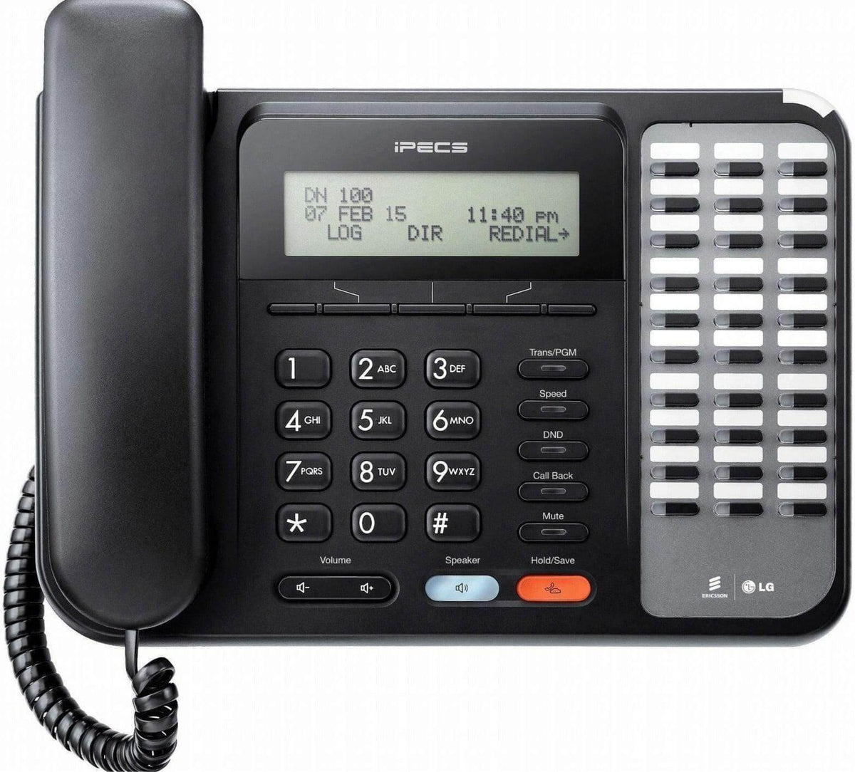 Digital office phone handset with LCD display, keypad, and function buttons