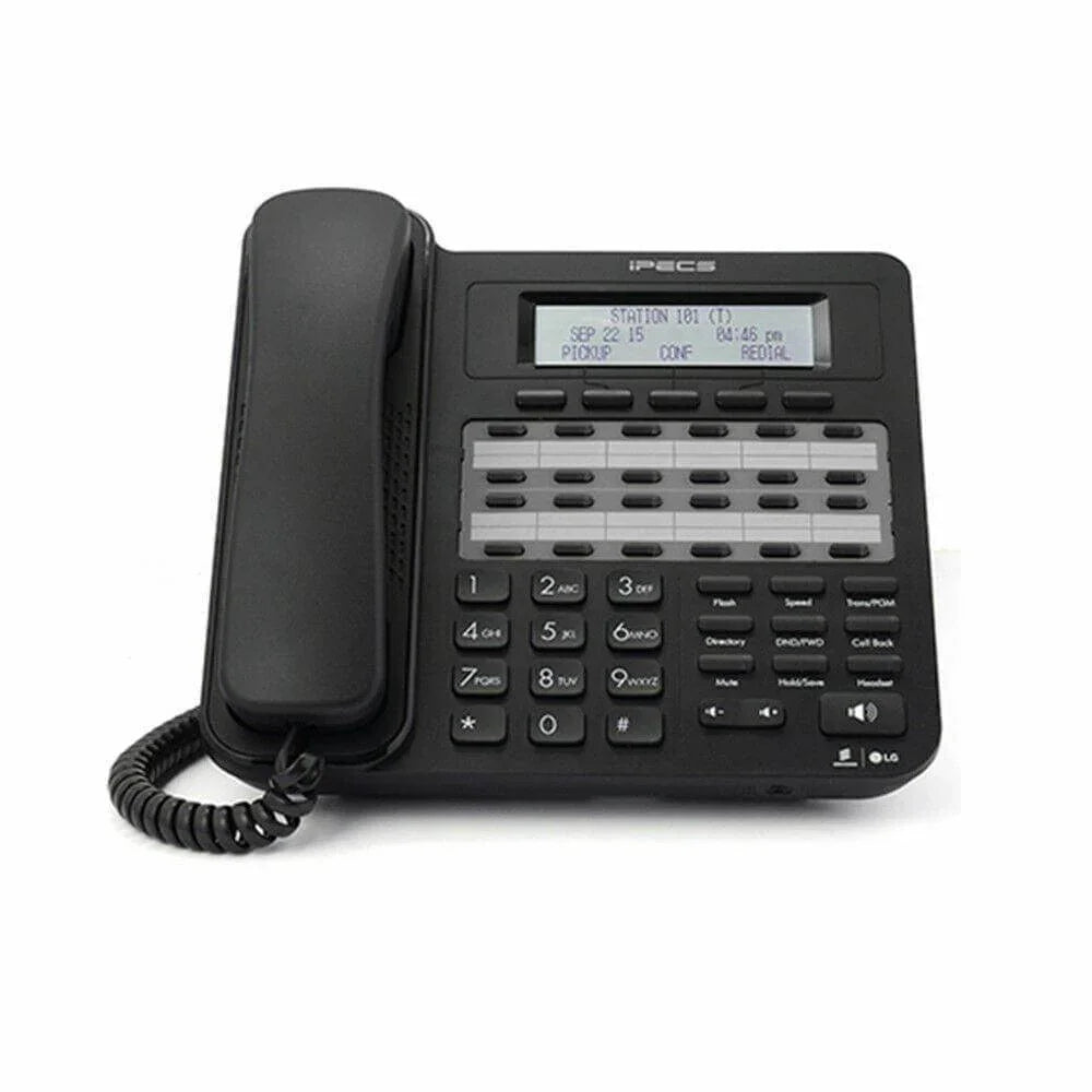 Black office desk phone with LCD screen, keypad, and multiple function buttons