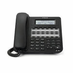 Black office desk phone with LCD screen, keypad, and multiple function buttons