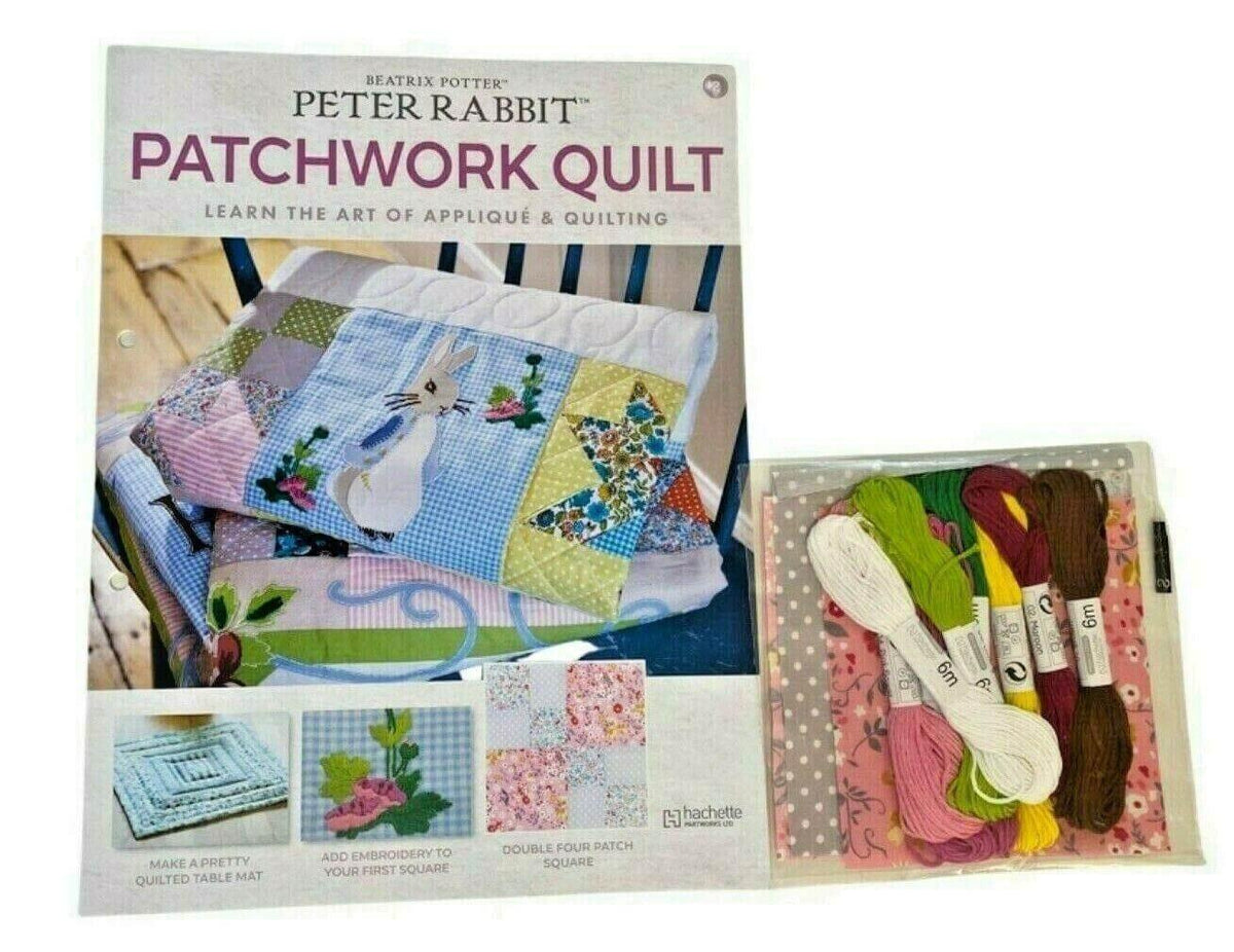 Peter Rabbit patchwork quilt kit with fabric, yarn, and embroidery supplies