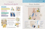 Patchwork quilt kit with Peter Rabbit applique pattern, fabric pieces, and quilting instructions.