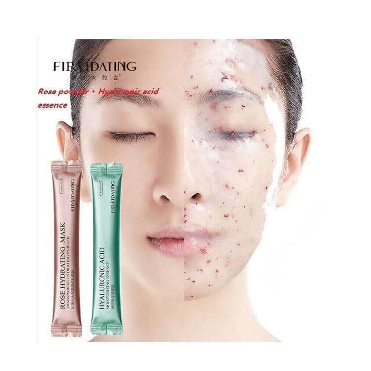 Woman with half face covered in rose hydrating peel-off jelly mask, skincare packets shown.