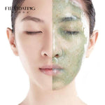 Woman with half face covered in green hydrating peel-off jelly mask for skincare demonstration
