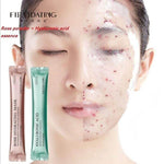 Woman applying rose hydrating peel-off jelly mask with visible rose petals and hyaluronic acid sachets