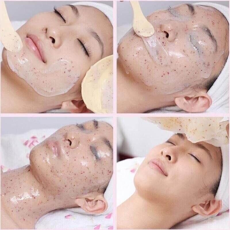 Woman relaxing with hydrating jelly peel-off facial mask being applied and removed, skincare treatment